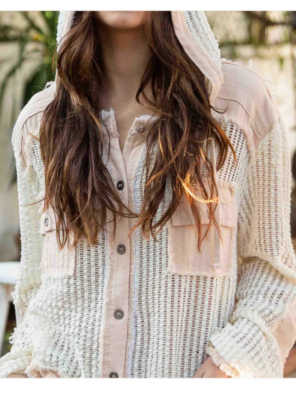 POL Woven Button-Down Hooded Shirt, Size Small